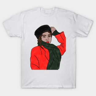 Lady in red coat with black hat, digital portrait painting. T-Shirt